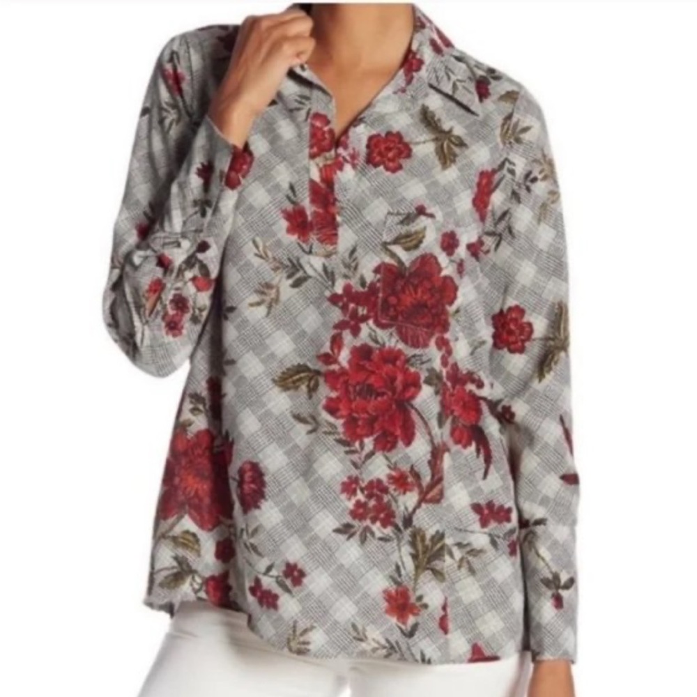 Pleione Glen Plaid Floral Print Tunic Top Size Medium